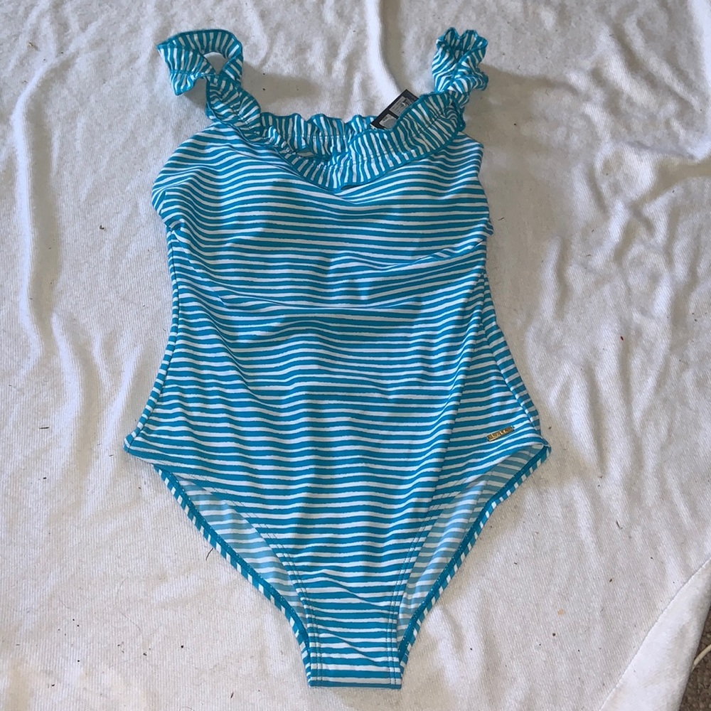 Nicole miller, swim turquoise, and white stripes ruffle straps full coverage, 10